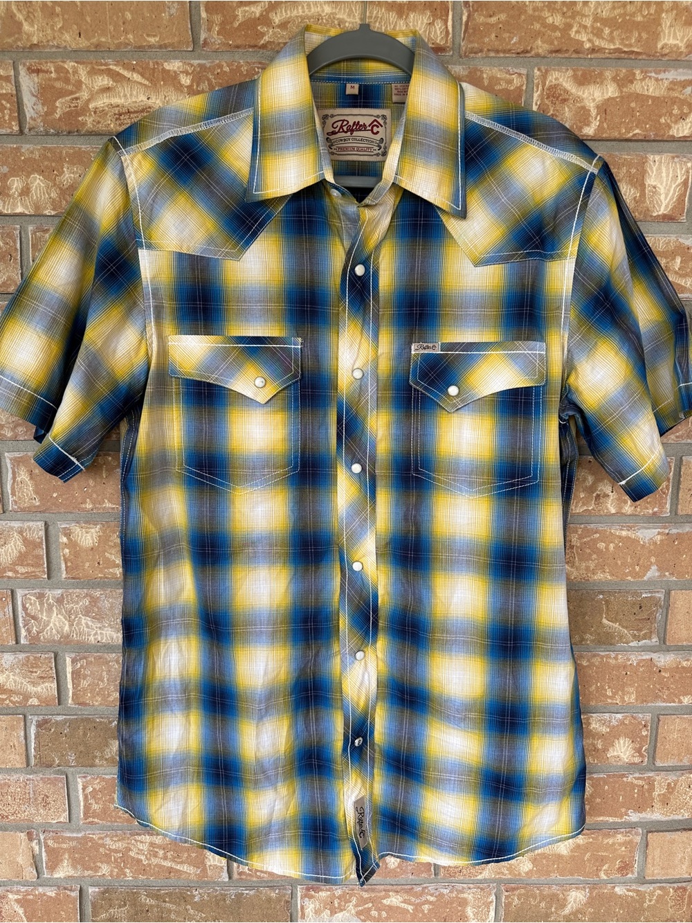 Rafter C Cowboy Collection Plaid Pearl Snap Western Shirt Blue Yellow Medium